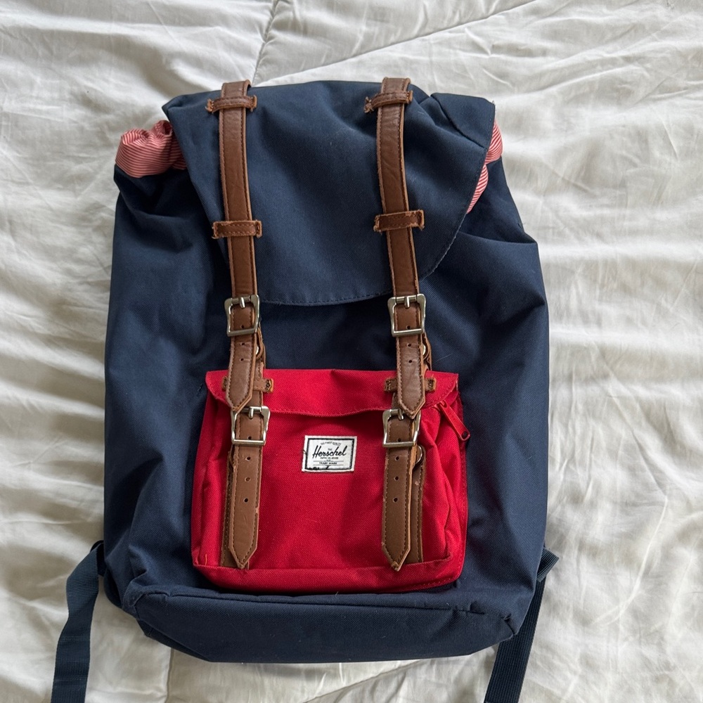 Herschel Supply Company Retreat Blue and Red Backpack with Brown Straps
